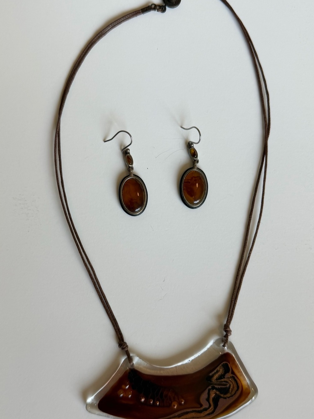 Artisan Brown Resin Statement Necklace & Matching Drop Earrings Set Boho